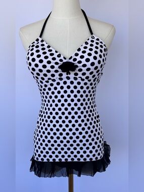 Kenneth Cole Reaction Polka Dot 1 Piece Swimsuit Mesh Skirt Halter Tie Small